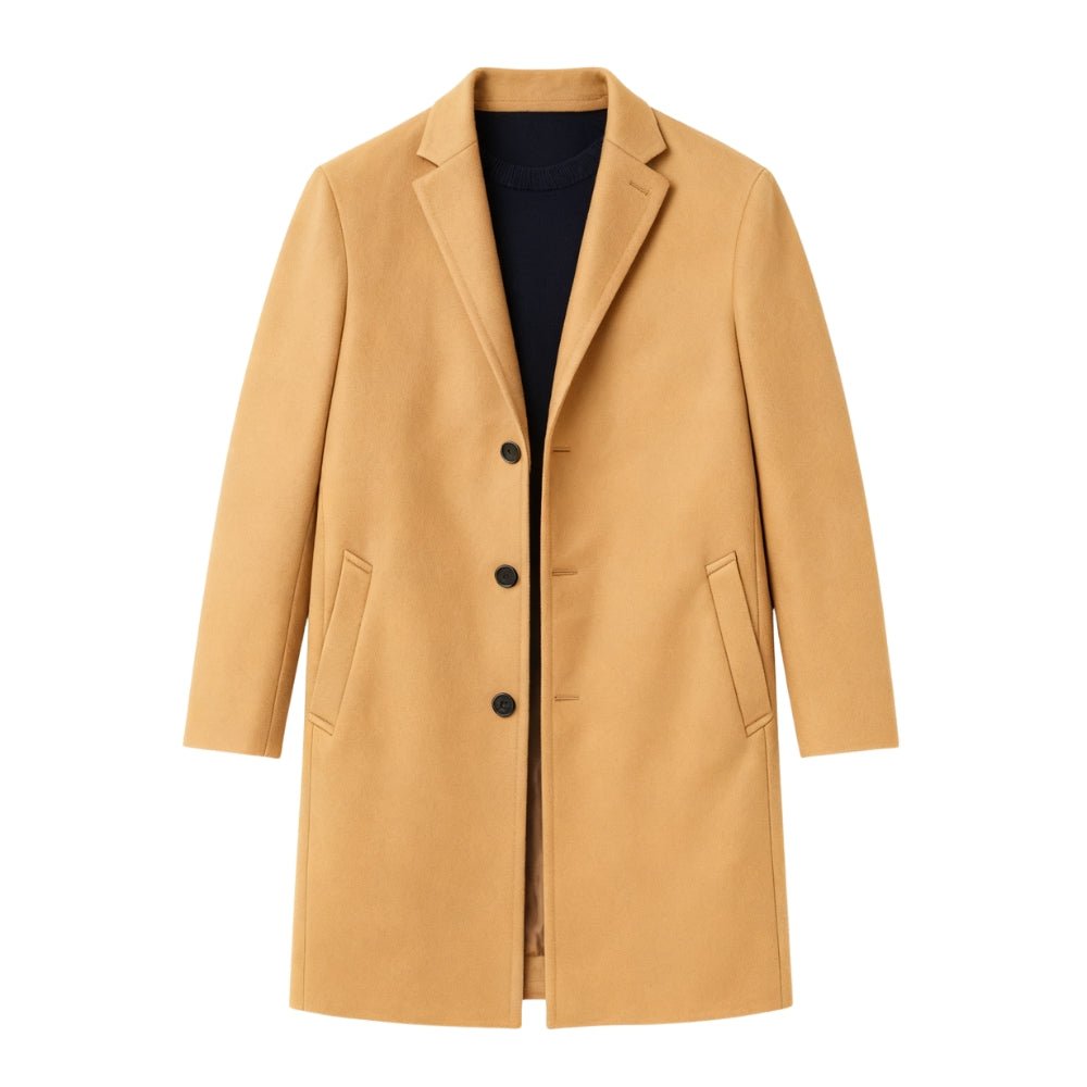 beige Kouvr coat with black buttons on a white background