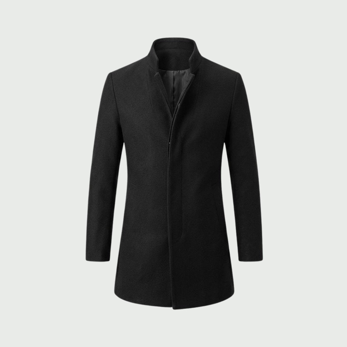 Product-only photo of the Kouvr Fashion Archie black wool overcoat with a stand collar, shown flat on a light grey background.