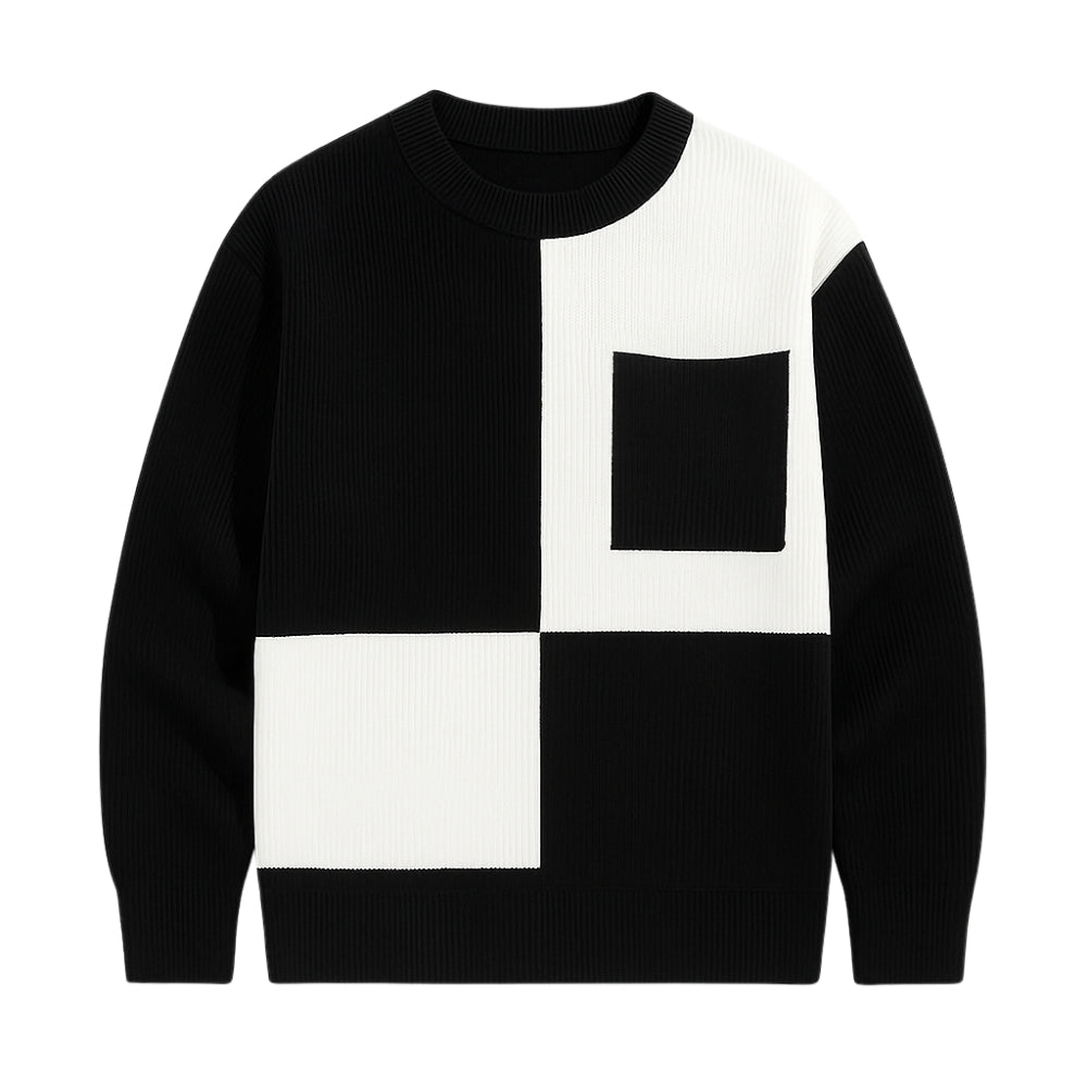 'monochrome,' 'intarsia knit,' 'geometric pattern,' 'heavyweight wool,' and 'statement piece