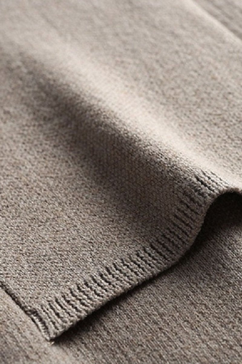 Model wearing Kouvr Fashion Men's Slim Fit Brown and Grey Open Front Cardigan