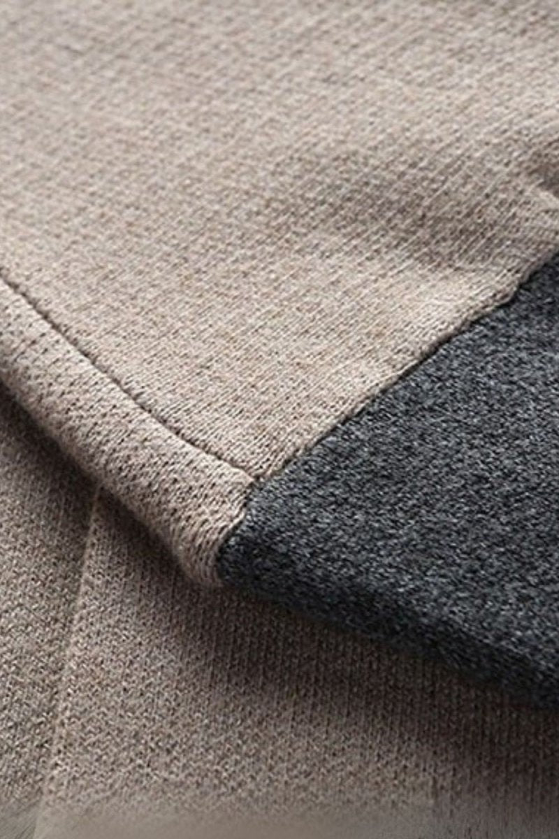 Model wearing Kouvr Fashion Men's Slim Fit Brown and Grey Open Front Cardigan