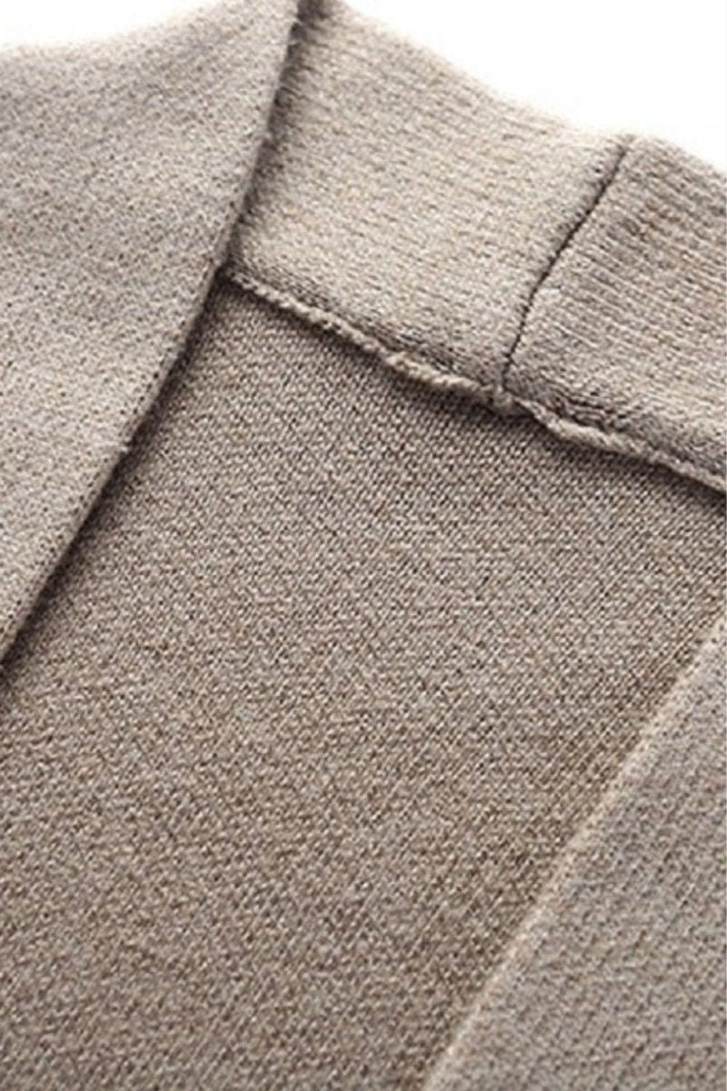 Model wearing Kouvr Fashion Men's Slim Fit Brown and Grey Open Front Cardigan