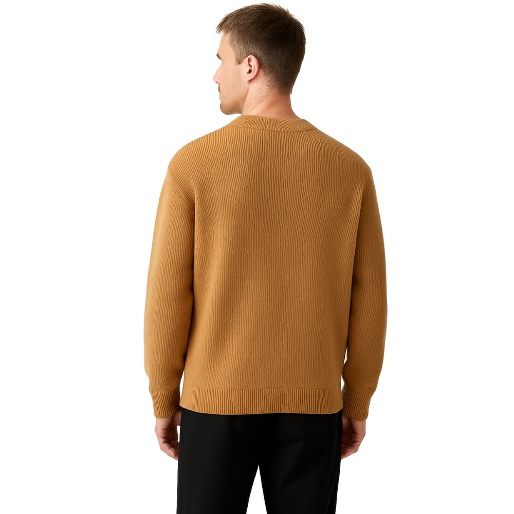 luxury knitwear', 'modern pullover', 'minimalist fashion', 'structured knit', and 'earth tone sweater