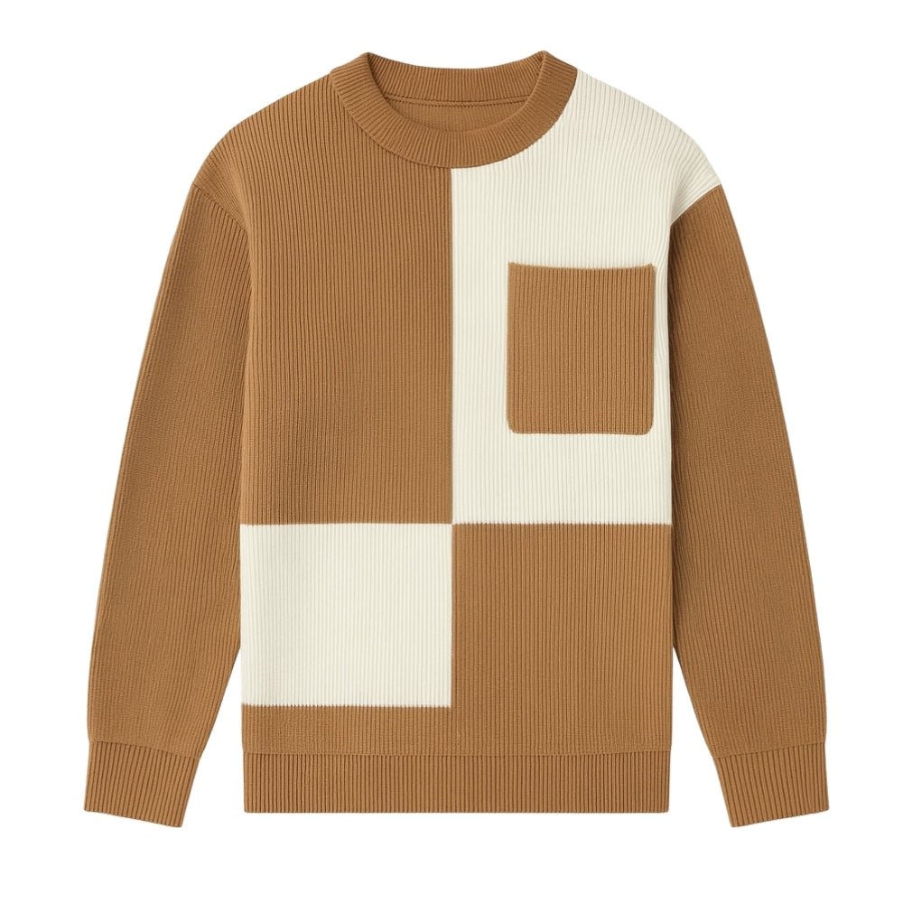 luxury knitwear', 'modern pullover', 'minimalist fashion', 'structured knit', and 'earth tone sweater
