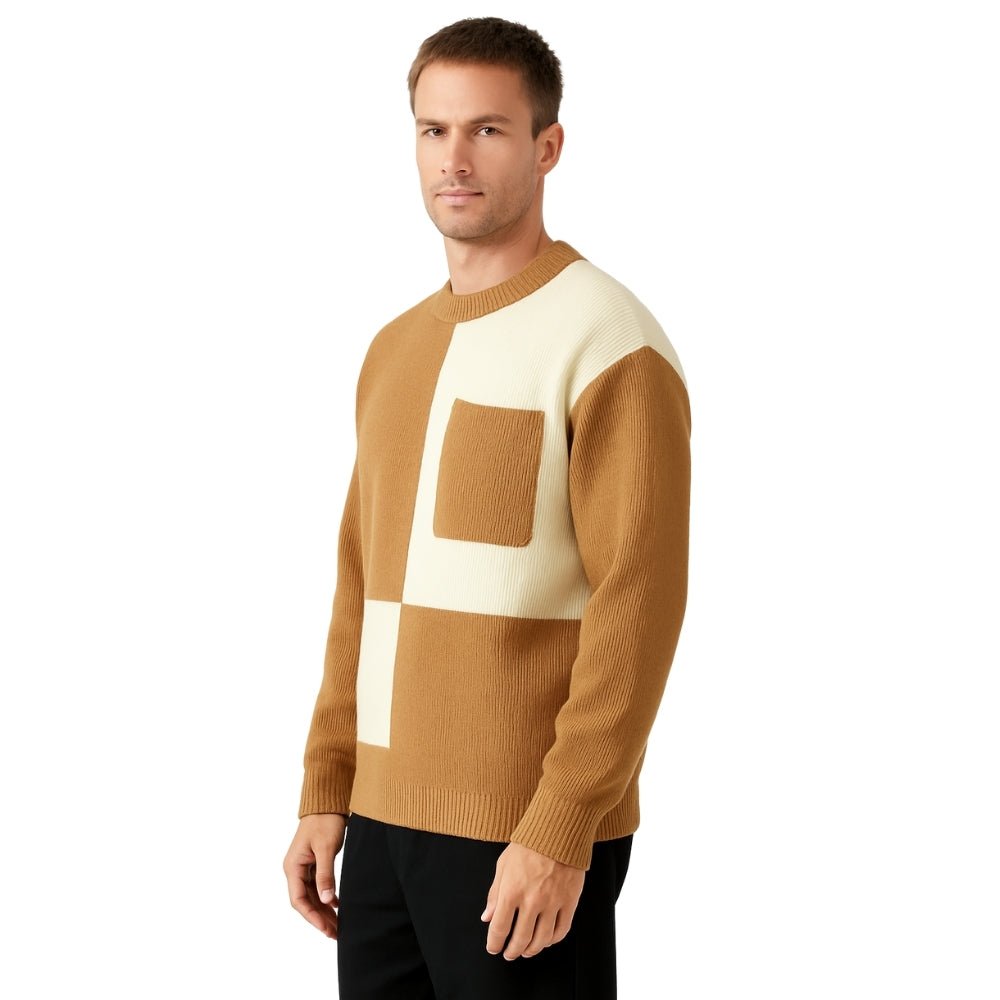 luxury knitwear', 'modern pullover', 'minimalist fashion', 'structured knit', and 'earth tone sweater