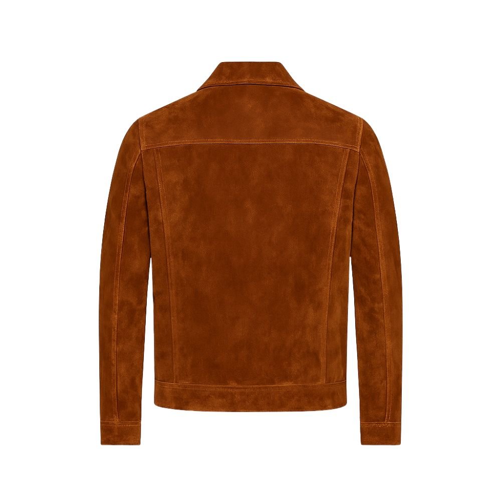 Brown kouvr suede jacket on a white background