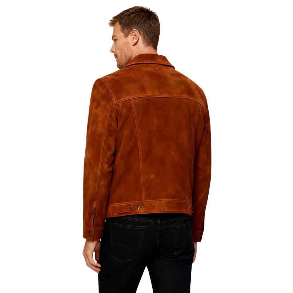 Man wearing a brown kouvr leather jacket on a white background