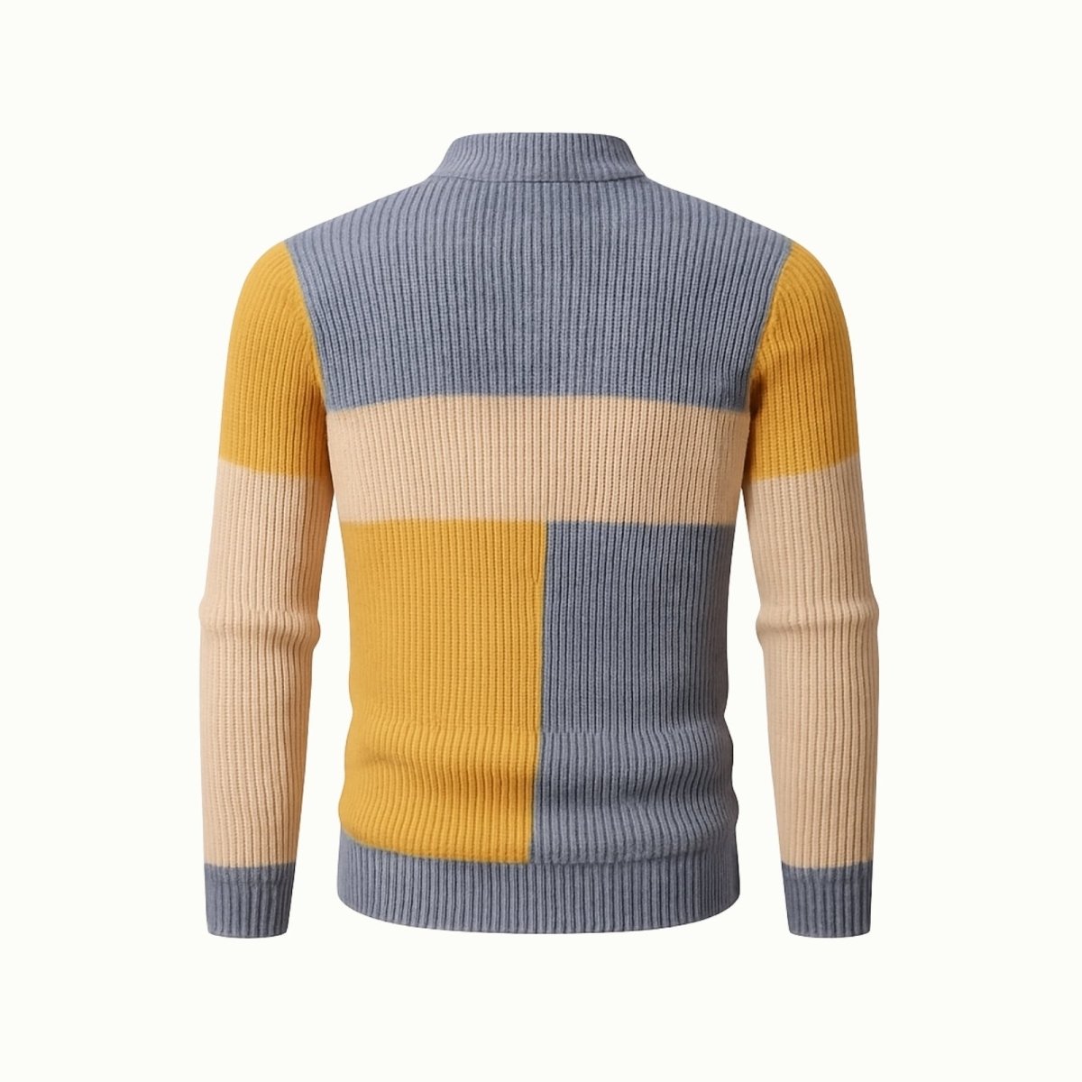 Flat lay product shot of the back of the Kouvr Fashion men's designer ribbed knit sweater.