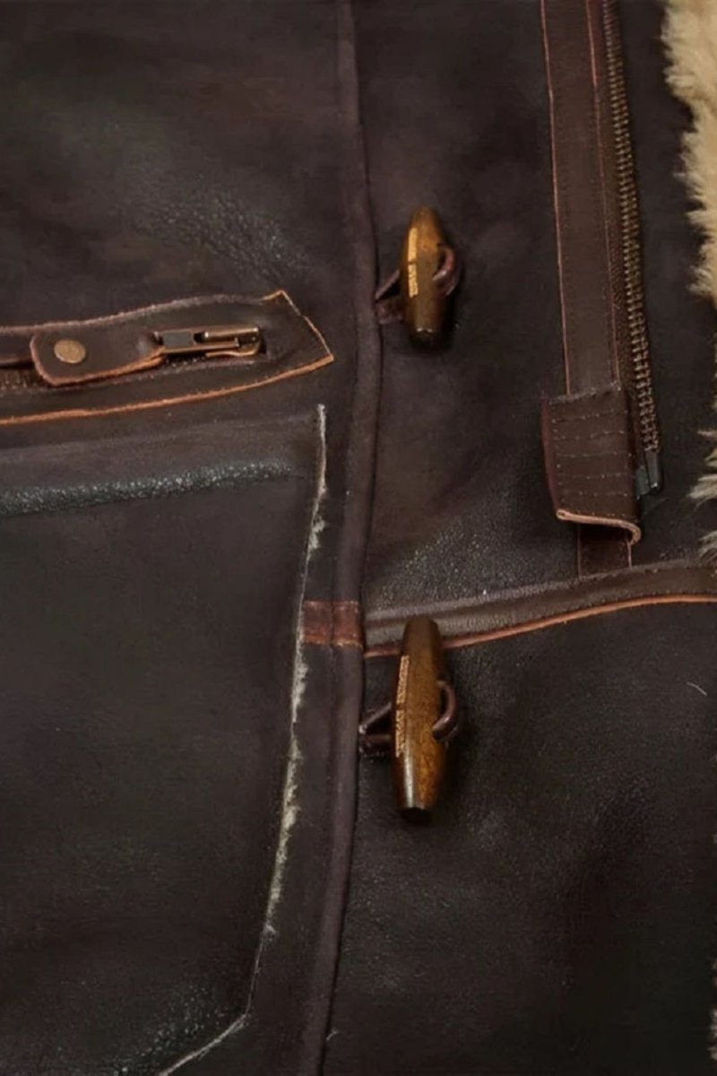 Men's Dark Brown Shearling Sheepskin Jacket with Fur Hood by Kouvr Fashion