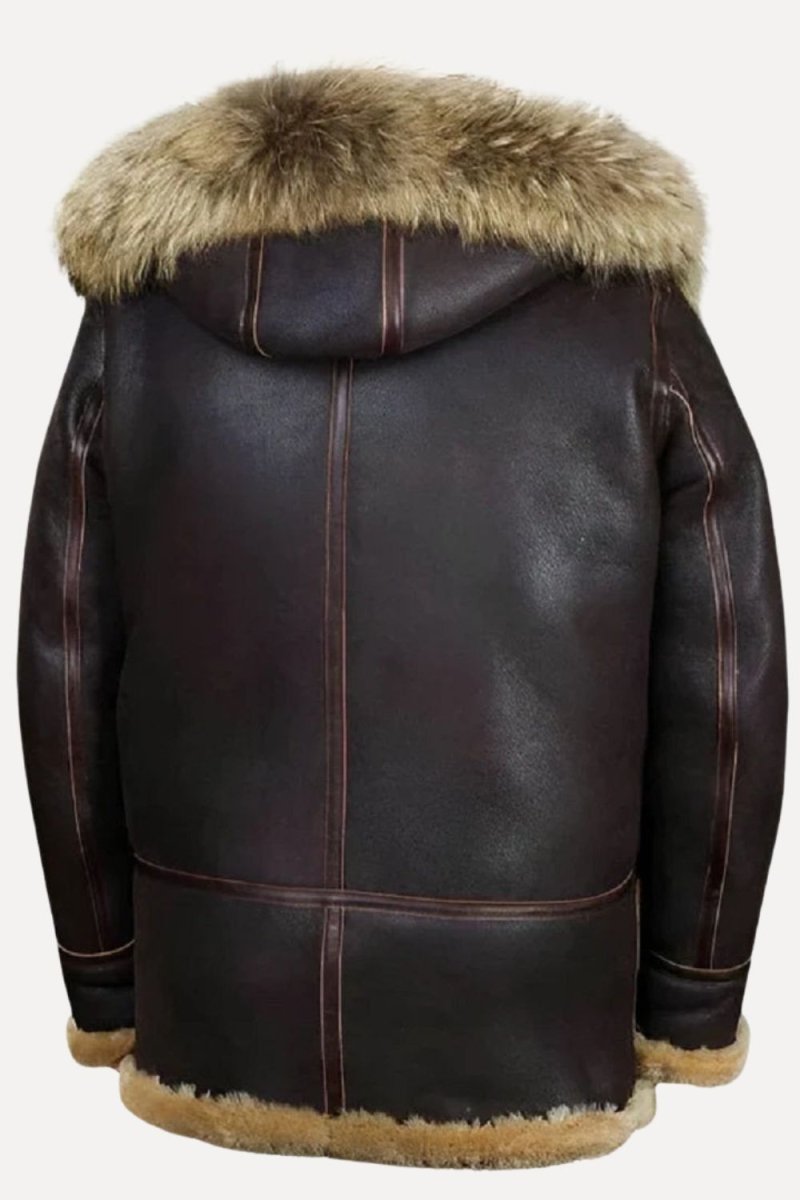 Men's Dark Brown Shearling Sheepskin Jacket with Fur Hood by Kouvr Fashion