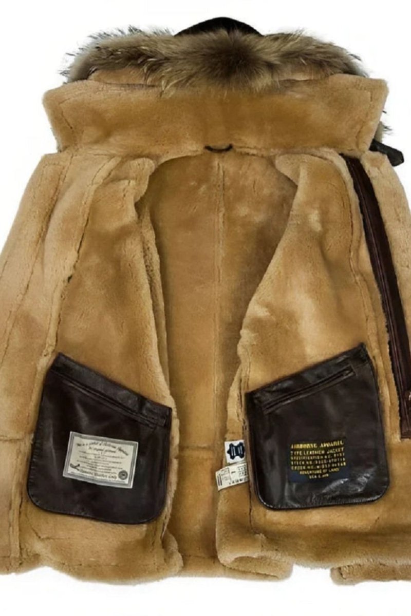 Men's Dark Brown Shearling Sheepskin Jacket with Fur Hood by Kouvr Fashion