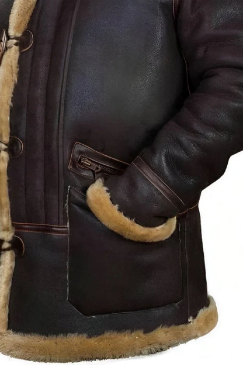 Men's Dark Brown Shearling Sheepskin Jacket with Fur Hood by Kouvr Fashion