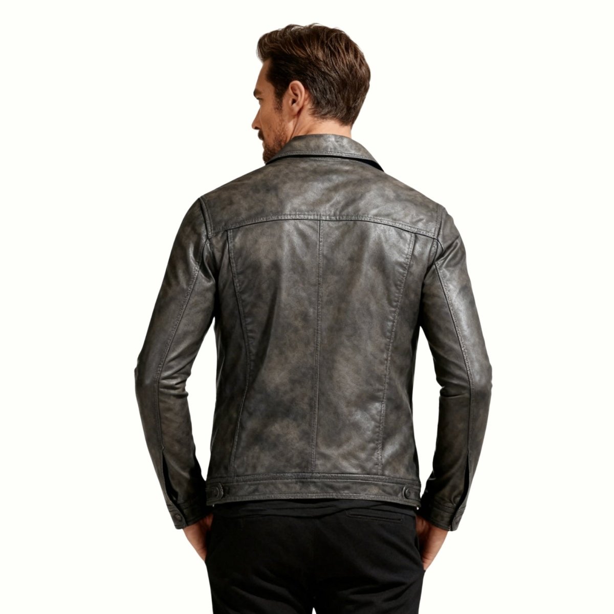 Back view of the Kouvr Clinton men's leather jacket showing the yoke and seam construction.