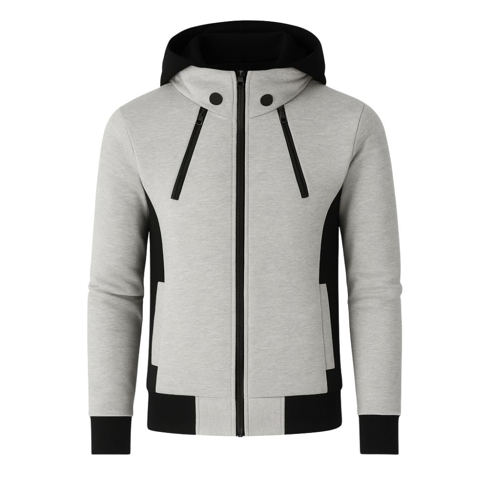 Beige hoodie with black kouvr accents on a white background