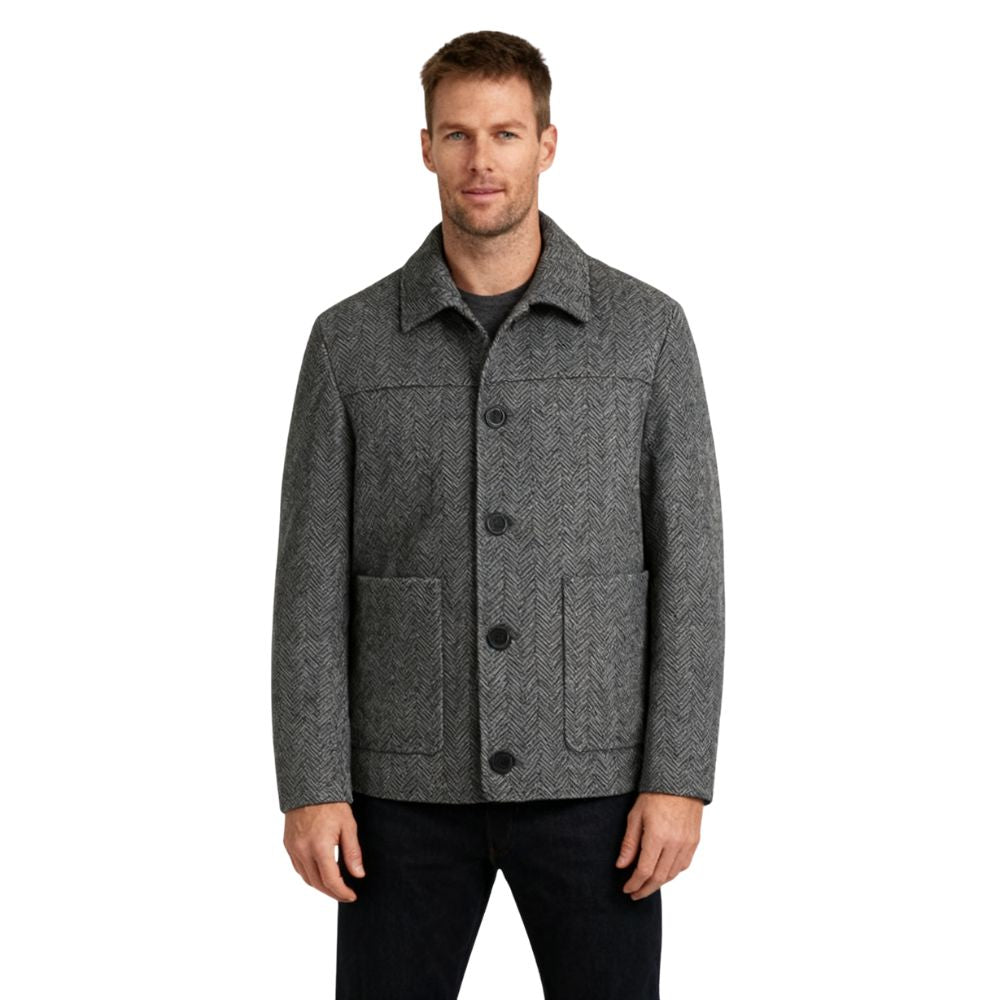 Man wearing Kouvr Fashion gray herringbone wool car coat over a white turtleneck