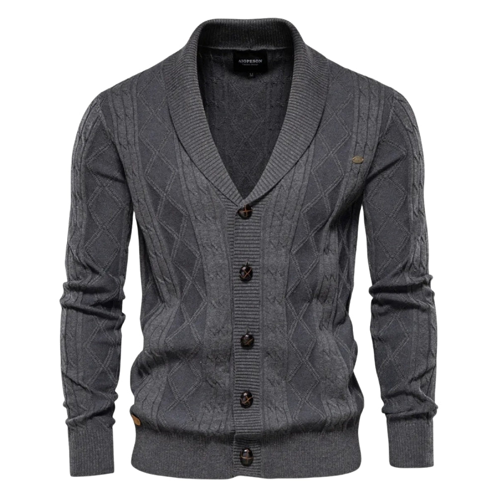 Gray kouvr cable knit cardigan with buttons on a white background