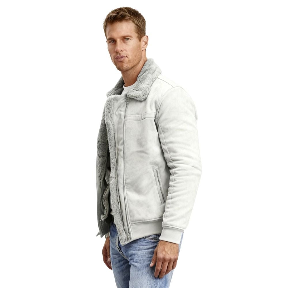Model wearing Kouvr Fashion men's grey faux suede shearling bomber jacket