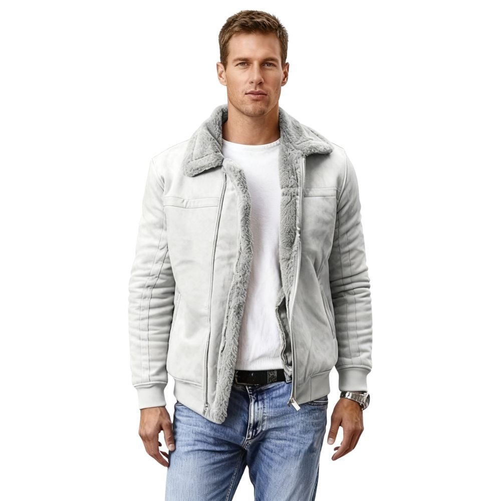 Man wearing a gray kouvr jacket with a fur-lined collar on a white background