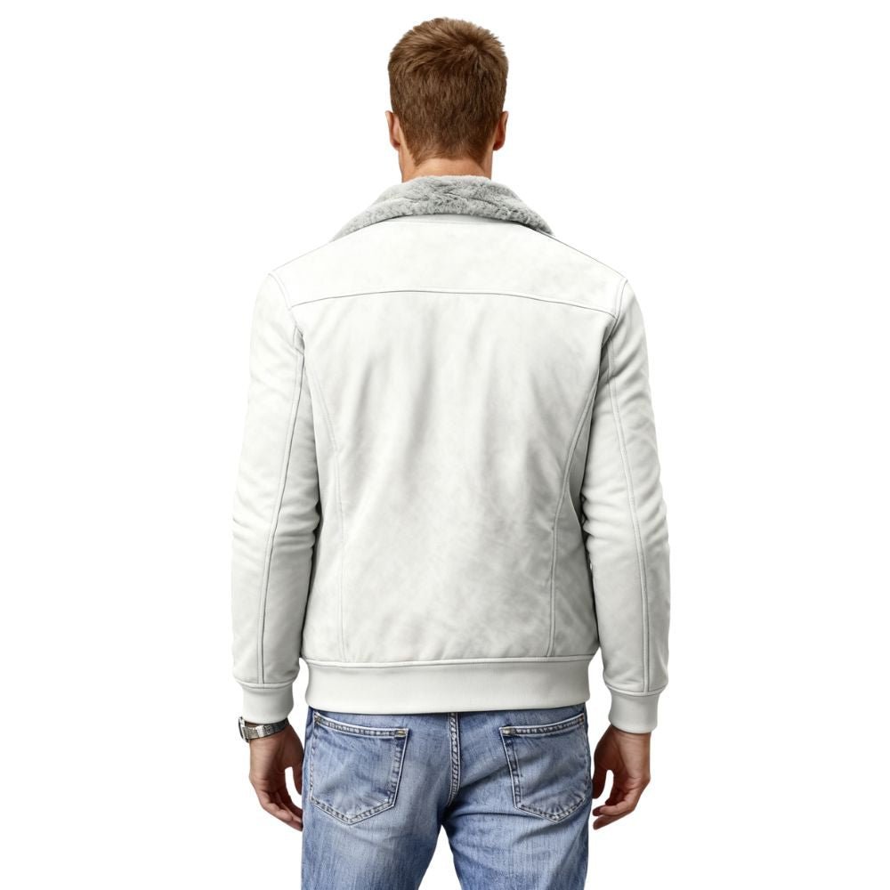 Man wearing a gray kouvr jacket with a fur collar on a white background