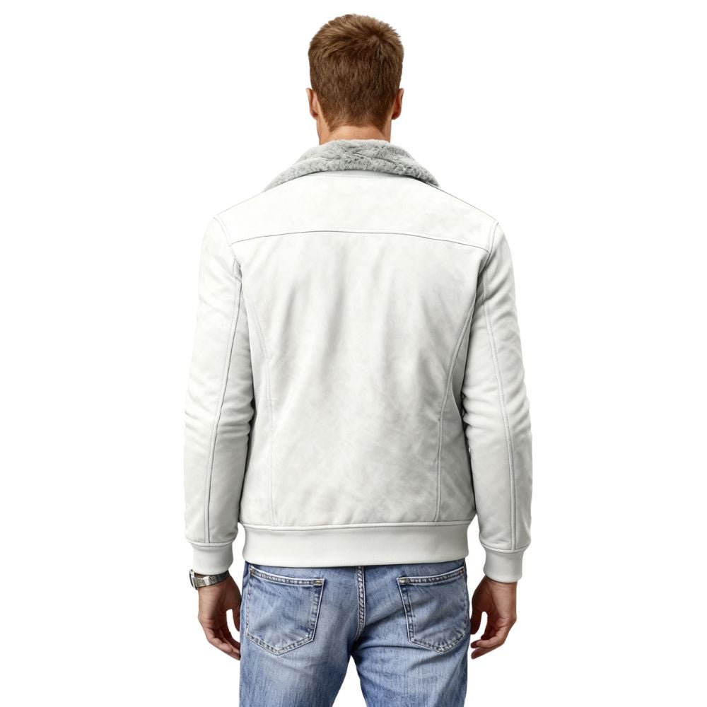 Model wearing Kouvr Fashion men's grey faux suede shearling bomber jacket