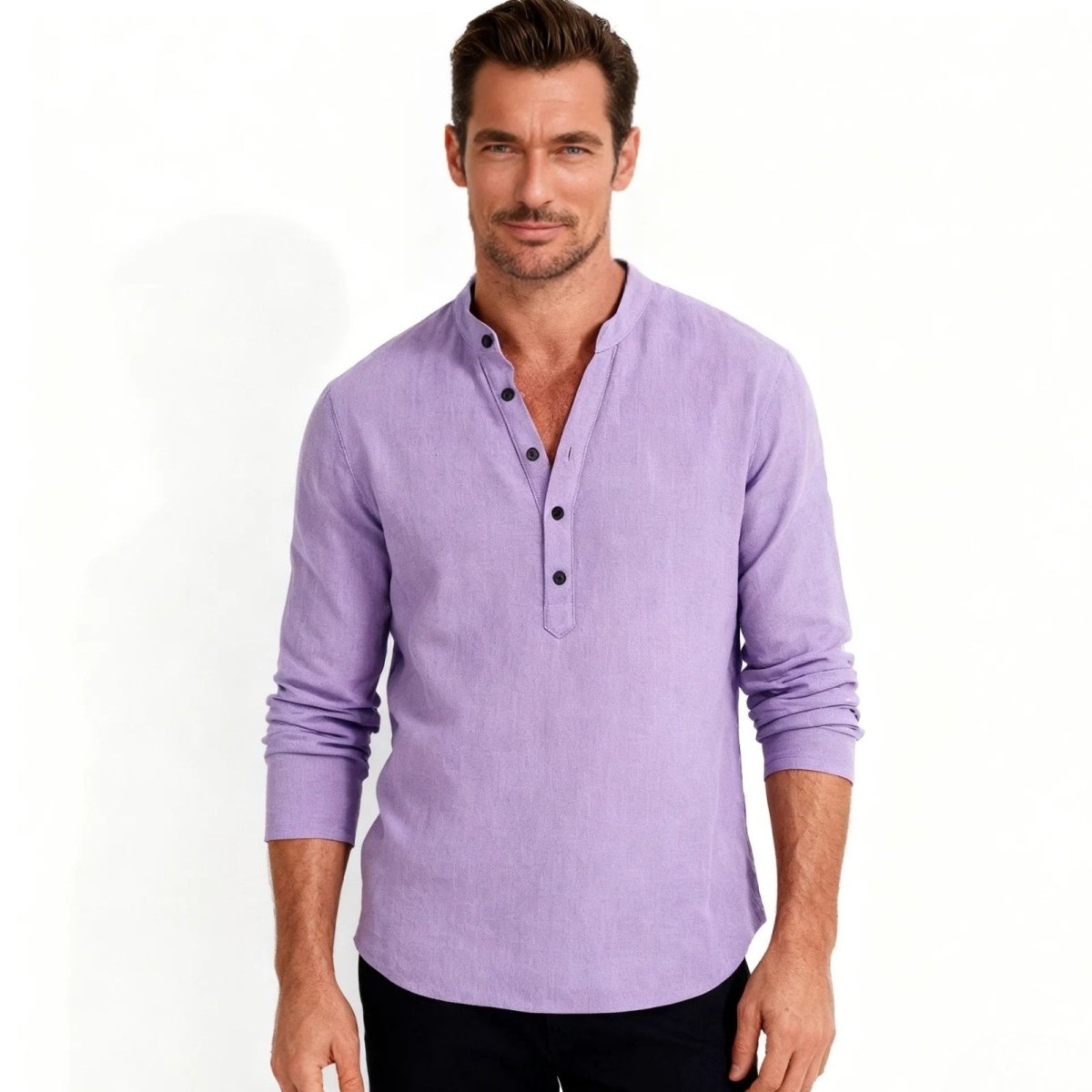 A male model wearing the Kouvr Fashion lavender long-sleeve linen blend Roby shirt with a band collar, shown from the front against a white background.