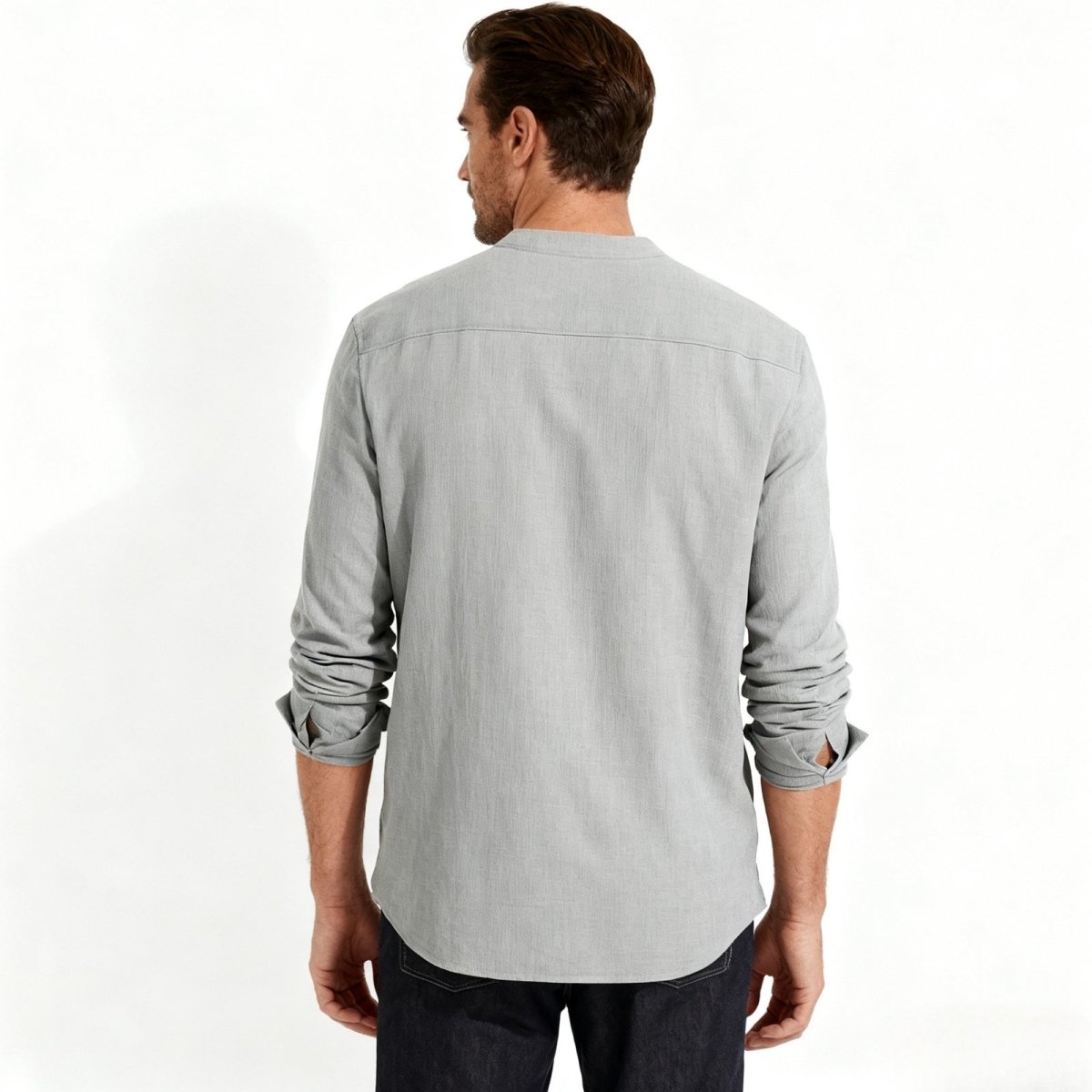 Back view of the Kouvr Fashion men's grey linen shirt, highlighting the clean lines and reinforced shoulder yoke detail.