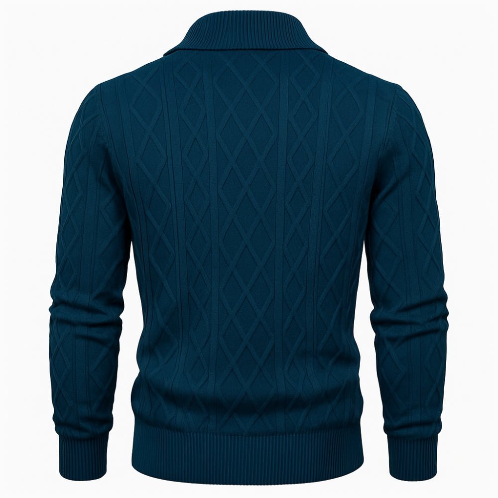 Blue kouvr sweater with a diamond pattern on a white background