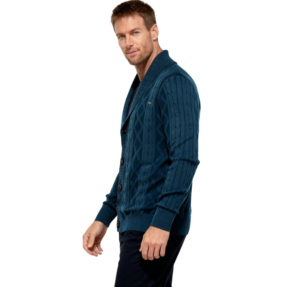 tailored fit," "petrol blue," "Merino-Cashmere," and "diamond pattern