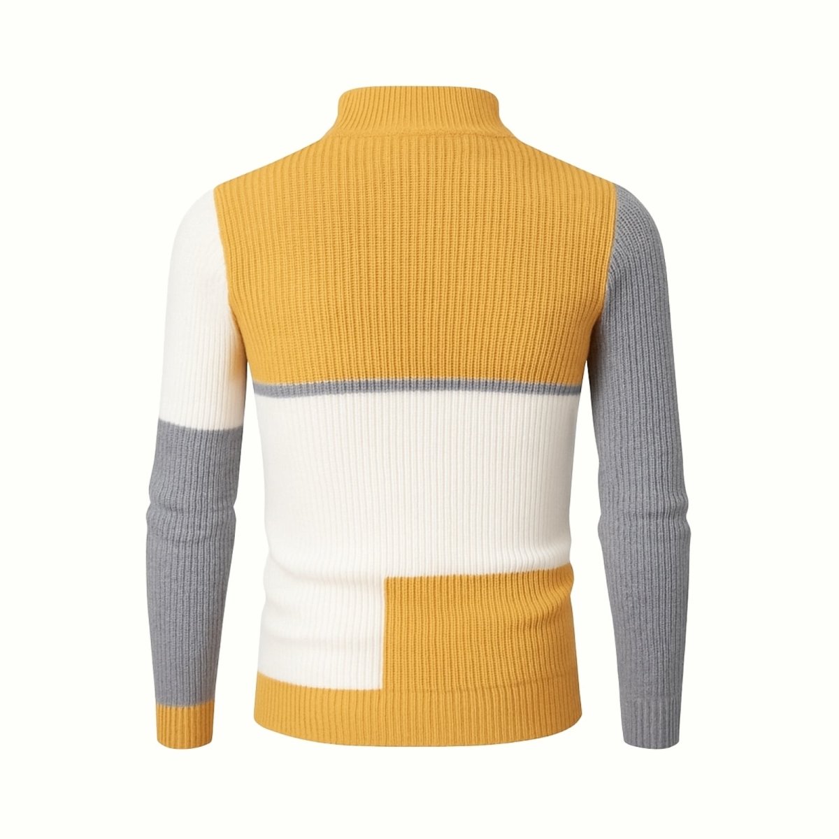 Back view of the Kouvr Fashion men's designer color-block turtleneck sweater on a white background, highlighting the ribbed knit texture.