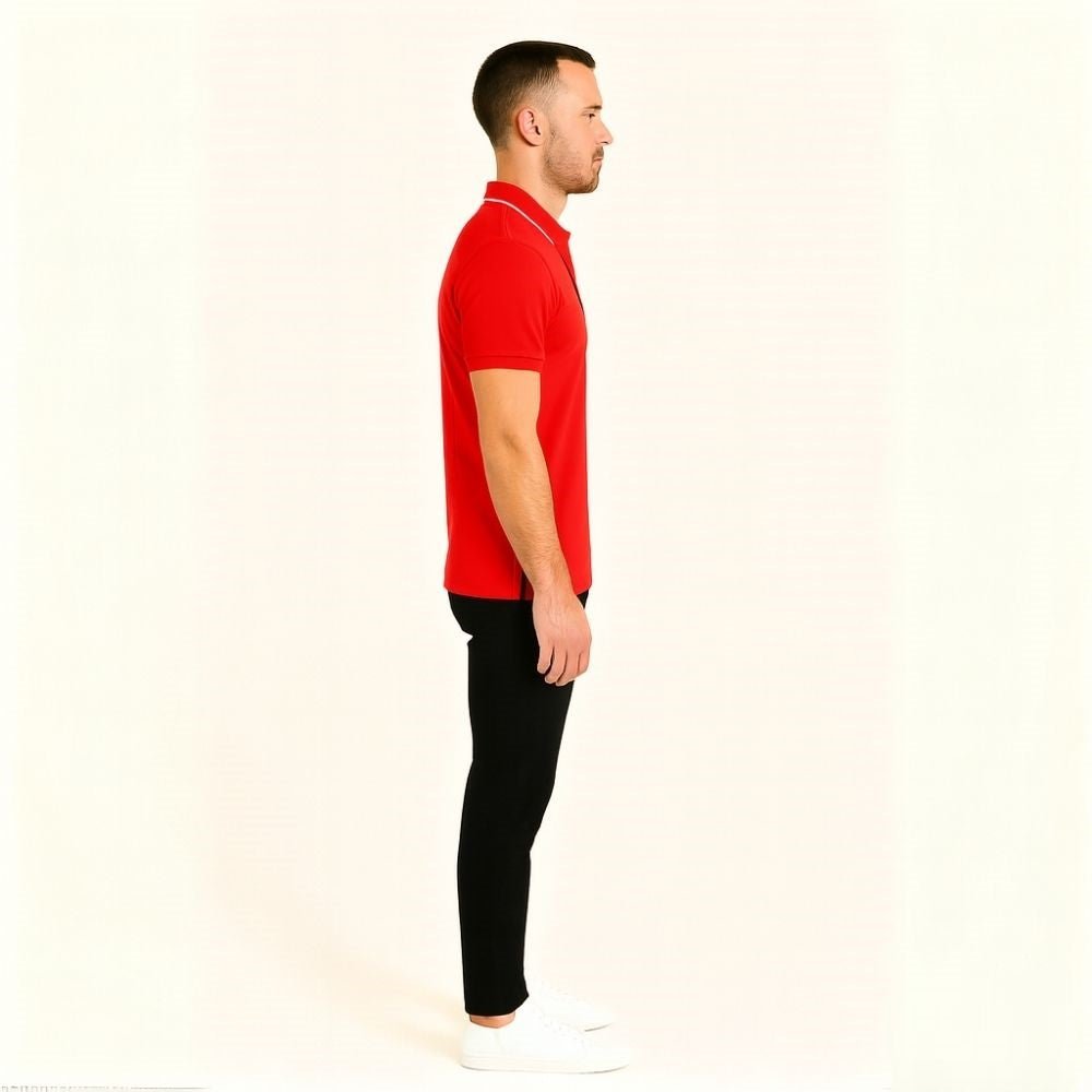 Kouvr Fashion Men's Red Slim Fit Luxury Polo Shirt with White Tipped Collar.