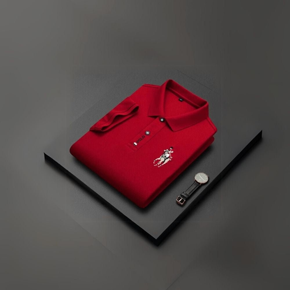 Kouvr Fashion Men's Red Slim Fit Luxury Polo Shirt with White Tipped Collar.