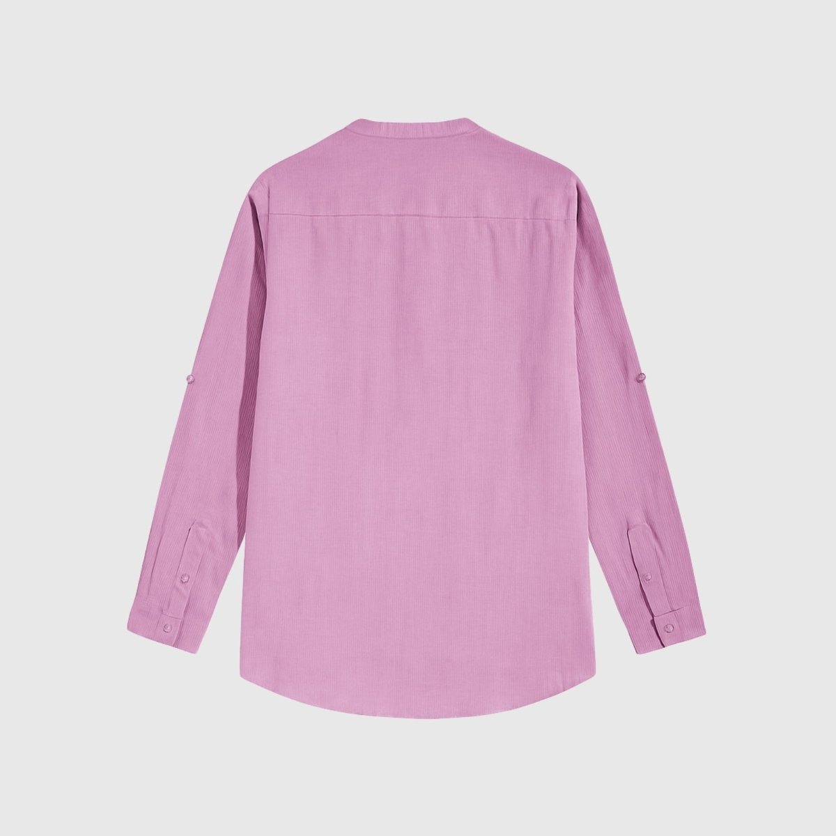 A flat lay product shot showing the back of the Kouvr Fashion men's roby linen shirt, highlighting the construction of the back yoke and sleeves.