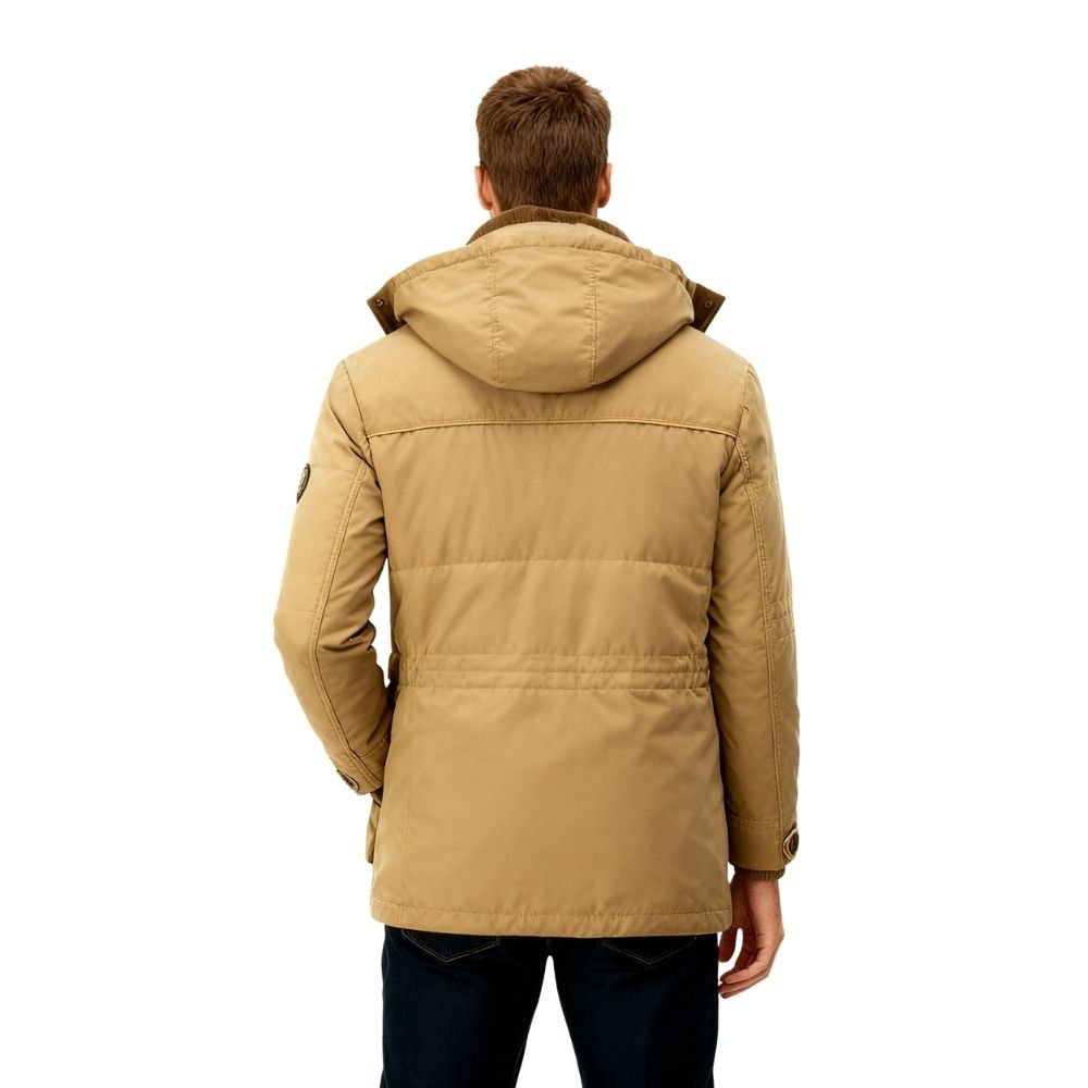 Full back view of the Kouvr Fashion men's hooded winter parka in khaki, highlighting the adjustable waist drawstring and clean silhouette.