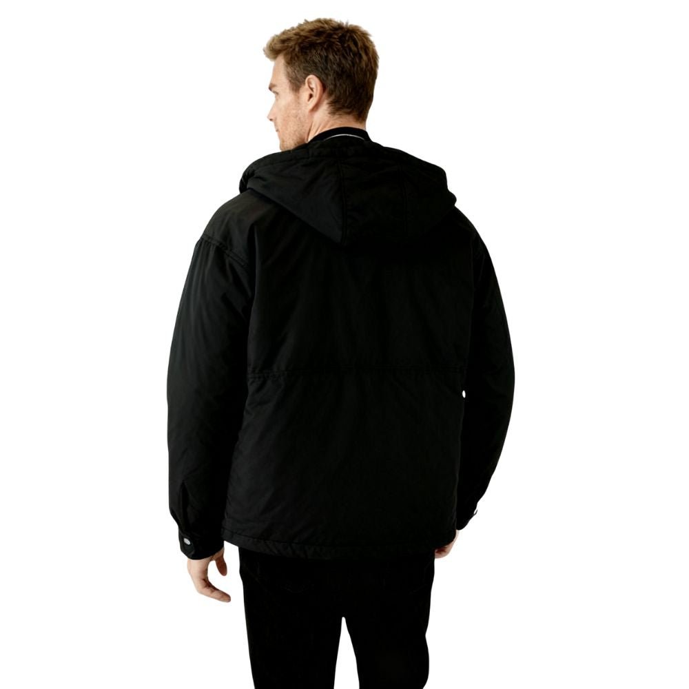 Model wearing the Kouvr Fashion Men's Urban Cade Parka in black, a luxury insulated and water-resistant winter coat