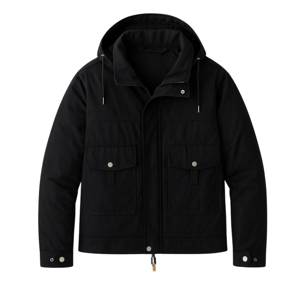 Black kouvr jacket with a hood on a white background