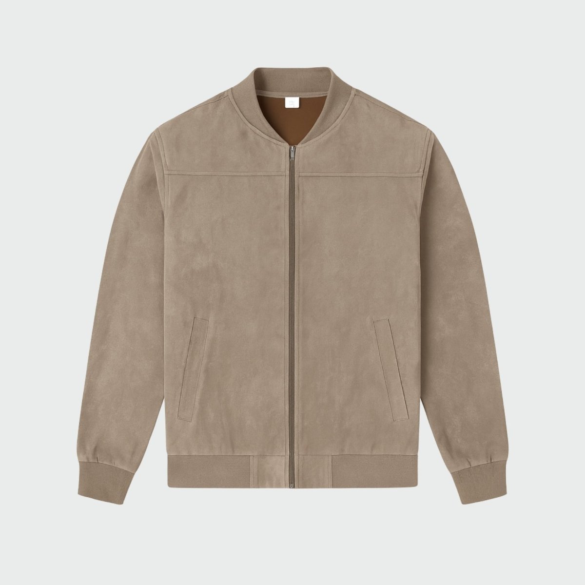 Flat lay product shot of the Kouvr Fashion Michael Suede Bomber Jacket in khaki, showing the full front, zipper, and pockets.