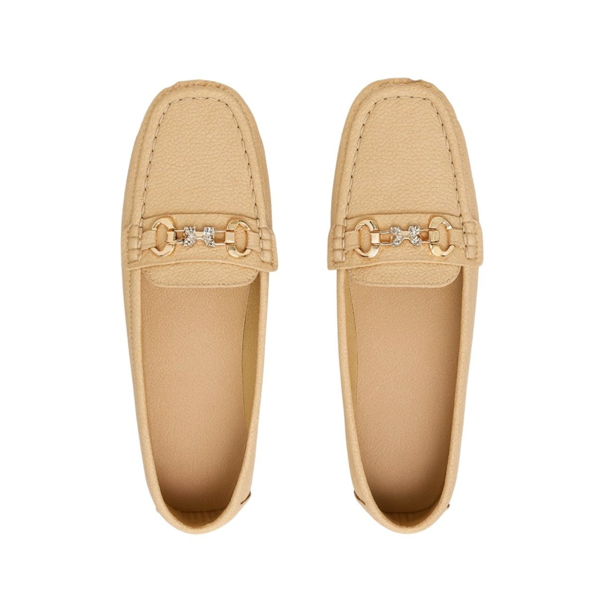 Top-down view of Kouvr Mildred women's khaki pebbled leather loafers with a gold jeweled horsebit buckle.