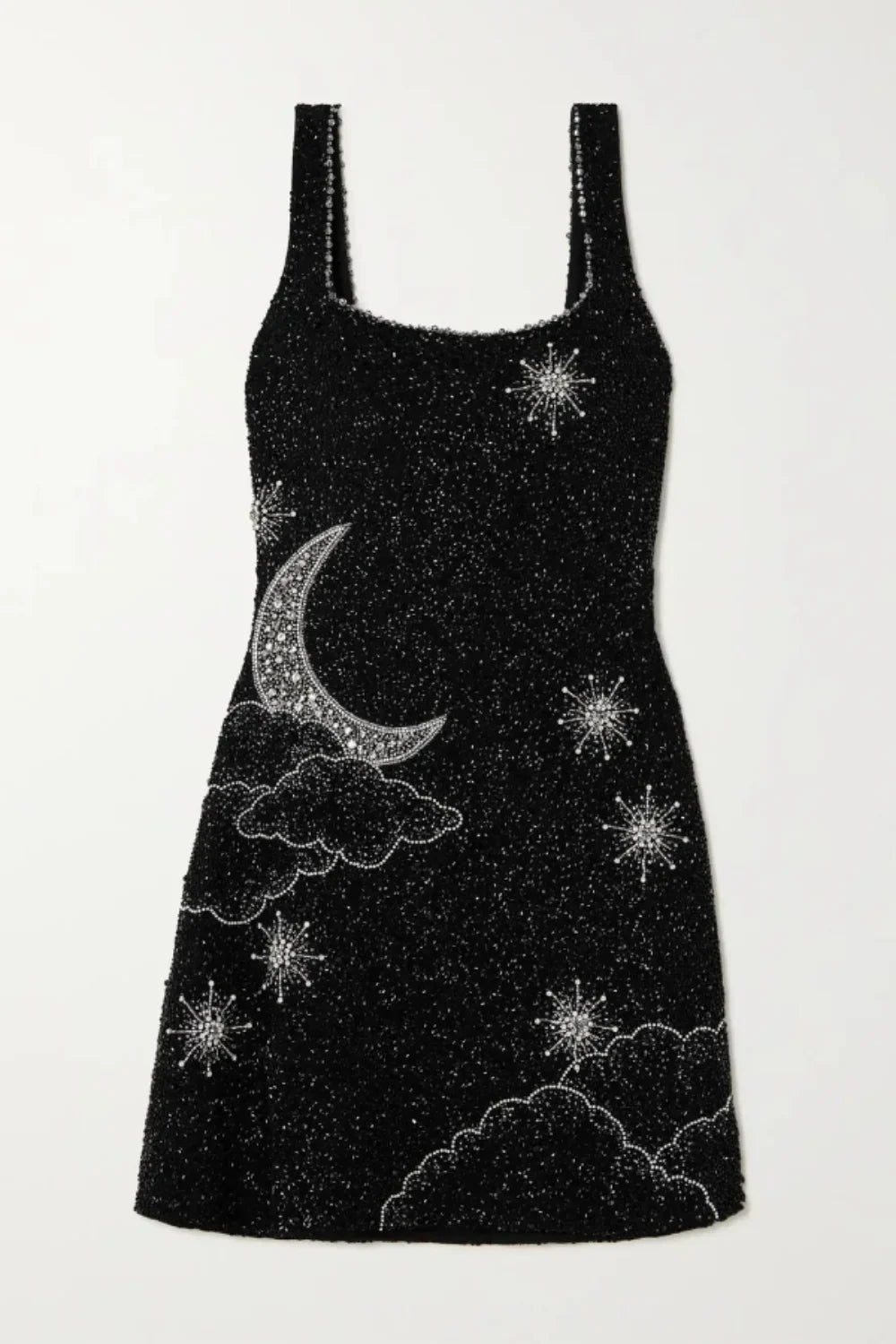 astrological embroidery," "embellished little black dress," "cosmic cocktail attire," and "night sky dress