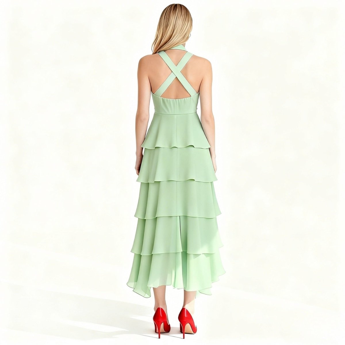 Light green Kouvr tiered dress with criss-cross straps on a white background