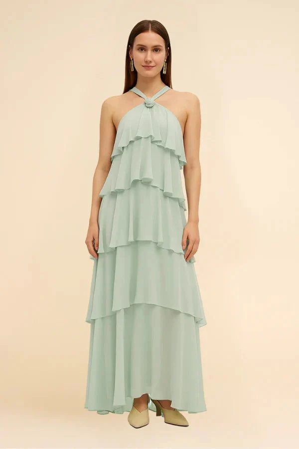 flowy chiffon', 'romantic', 'bridesmaid', 'summer gala', and 'sleeveless A-line gown