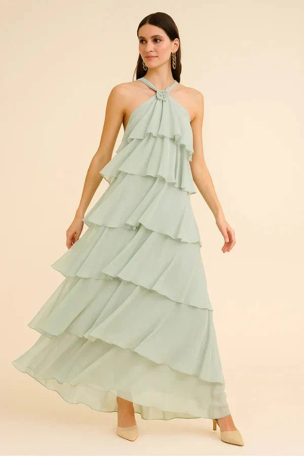 flowy chiffon', 'romantic', 'bridesmaid', 'summer gala', and 'sleeveless A-line gown