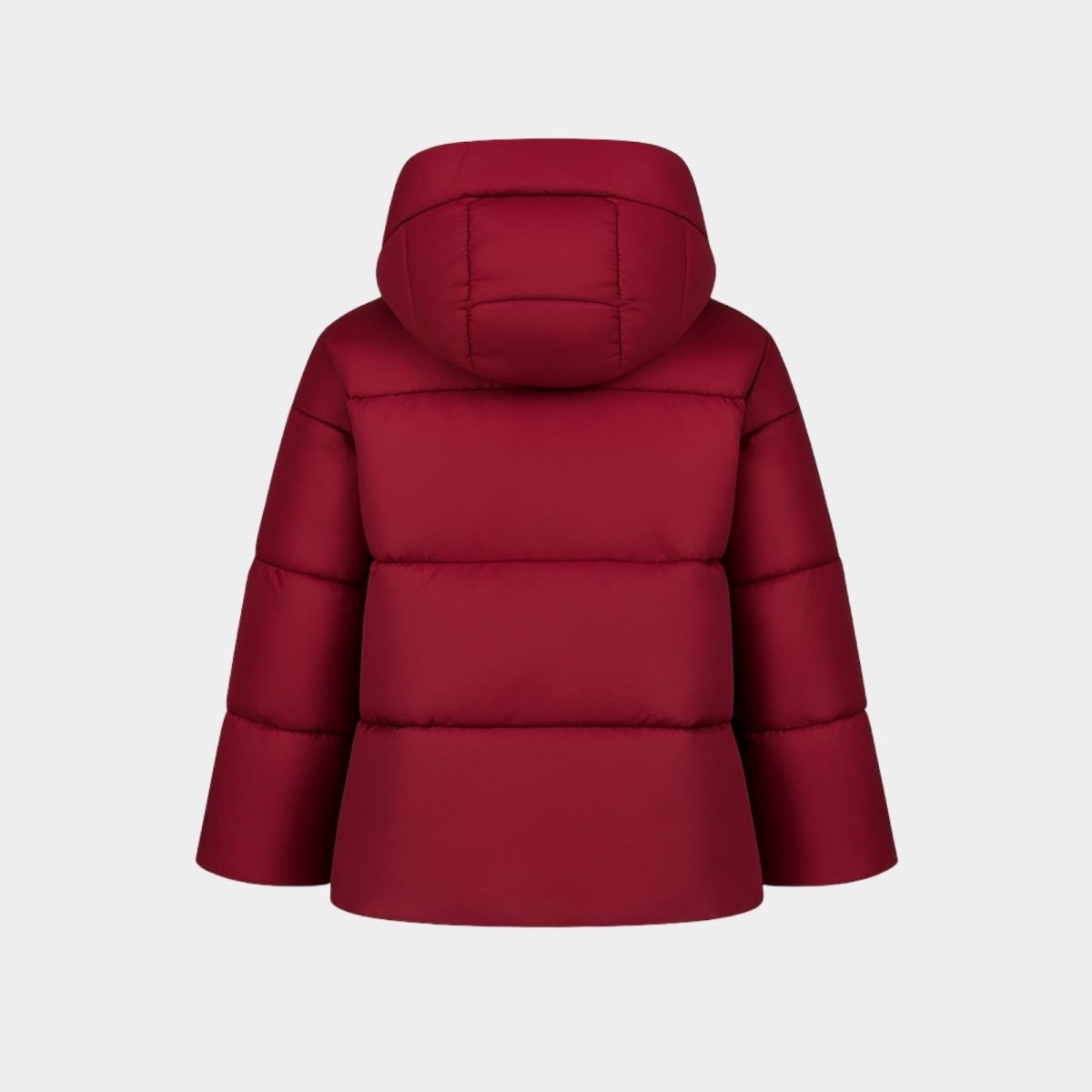 Flat lay product shot of the back of the Kouvr Fashion Miranda puffer jacket, displaying the clean lines and insulated hood structure.