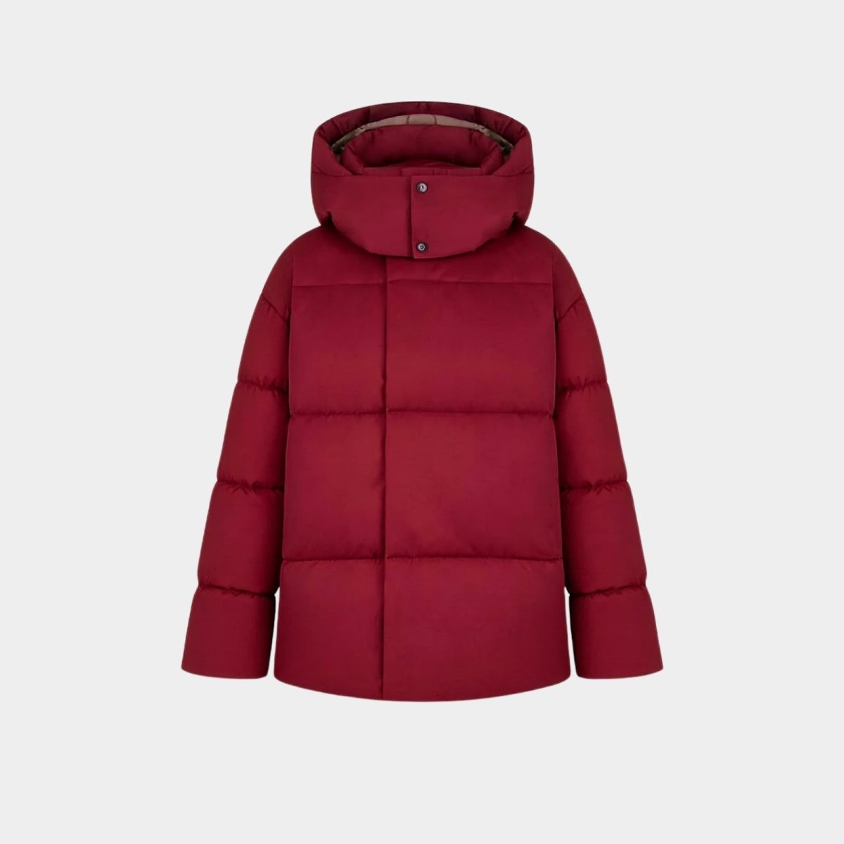 Flat lay product shot of the front of the Kouvr Fashion Miranda hooded puffer jacket in crimson red, showing the snap closures and high collar.