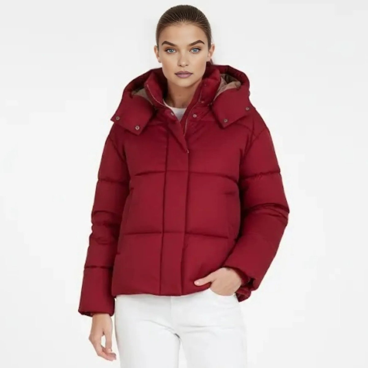 Model wearing the Kouvr Fashion Miranda hooded puffer jacket in crimson red, styled with white pants against a white background.