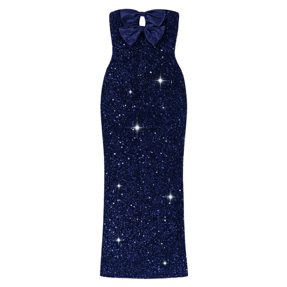 Navy blue Kouvr glitter dress with a bow on a white background