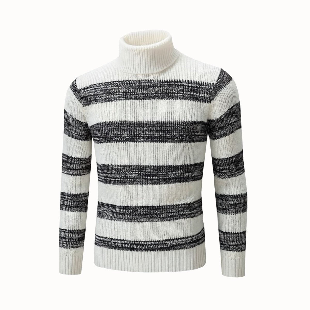 Studio product shot of the Kouvr Fashion men's white and black striped turtleneck sweater on a white background.