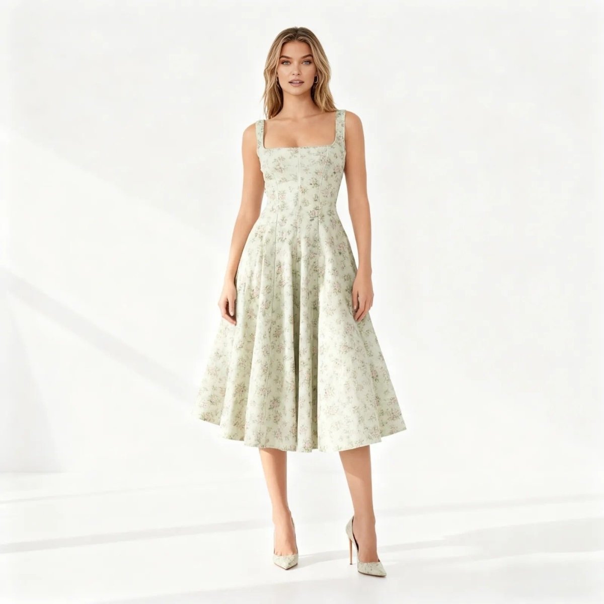 Woman wearing a floral dress on a white background