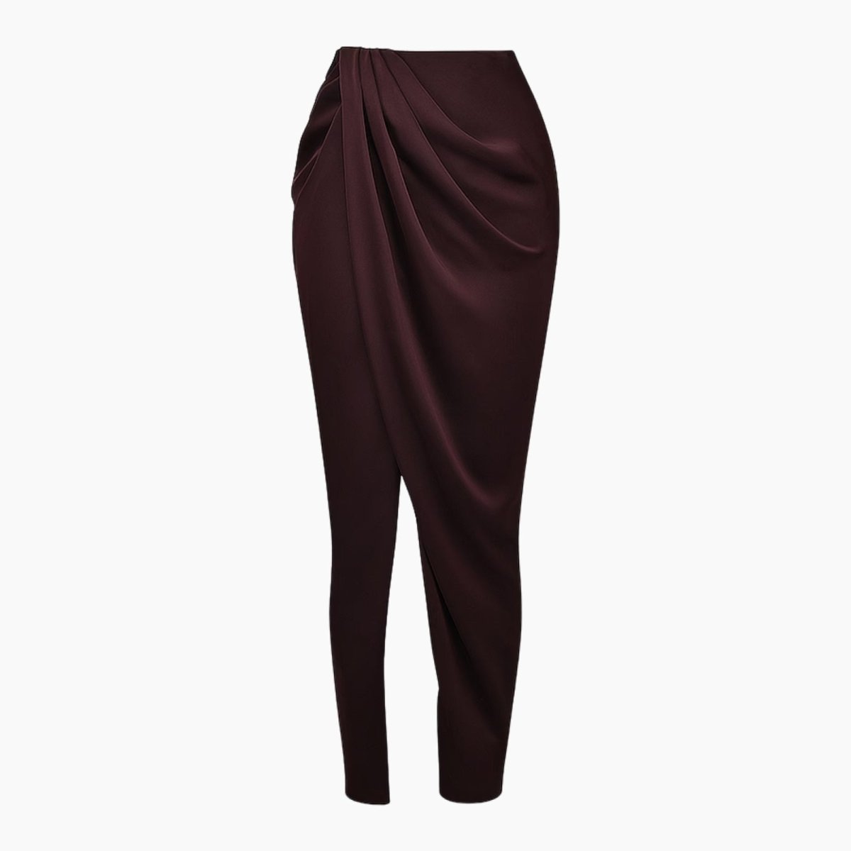 Product-only photo of the Ourania draped sarong pant in aubergine, displaying the sculptural front wrap design.