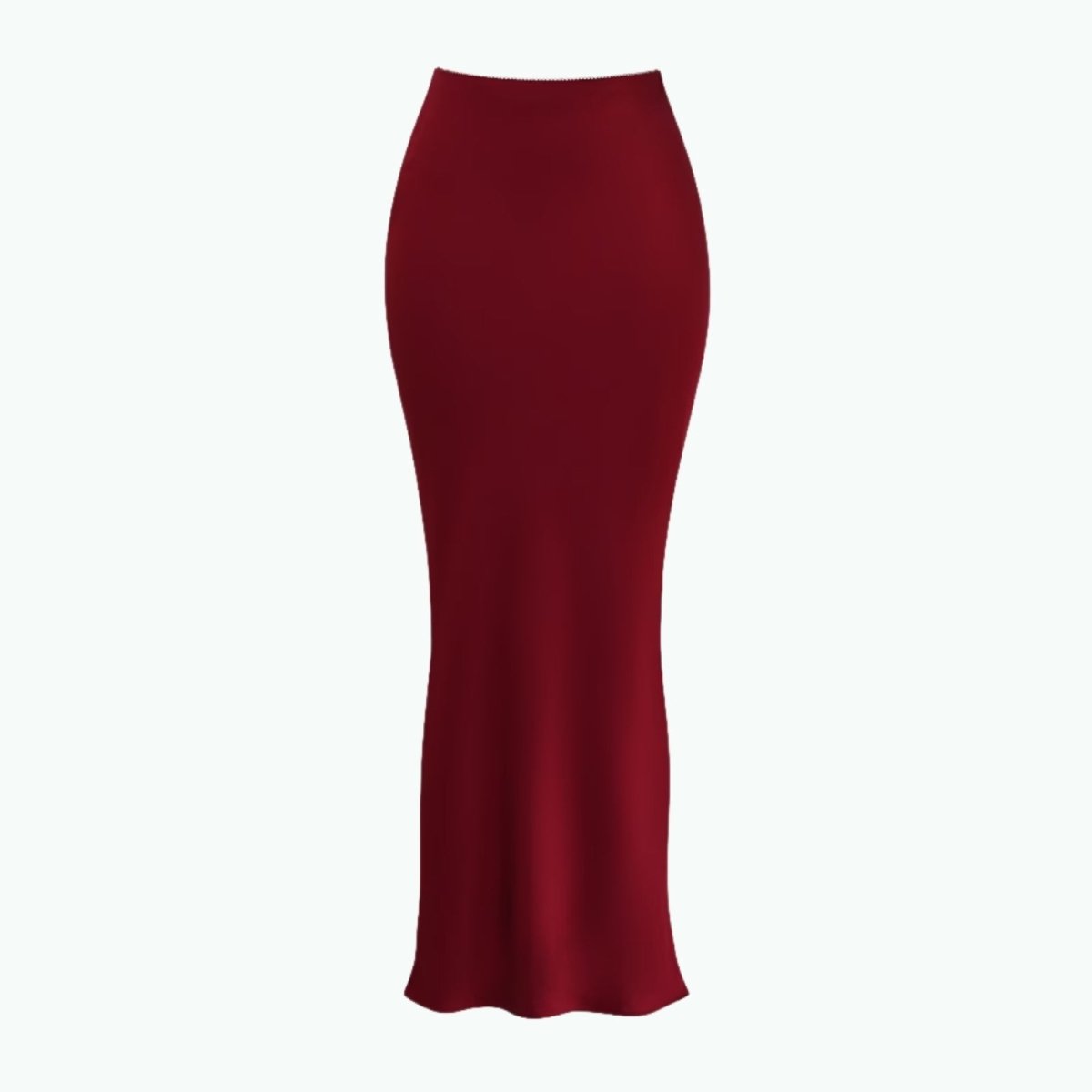 Product-only studio image of the front of the Kouvr Fashion Ourania high-waisted red satin maxi skirt.
