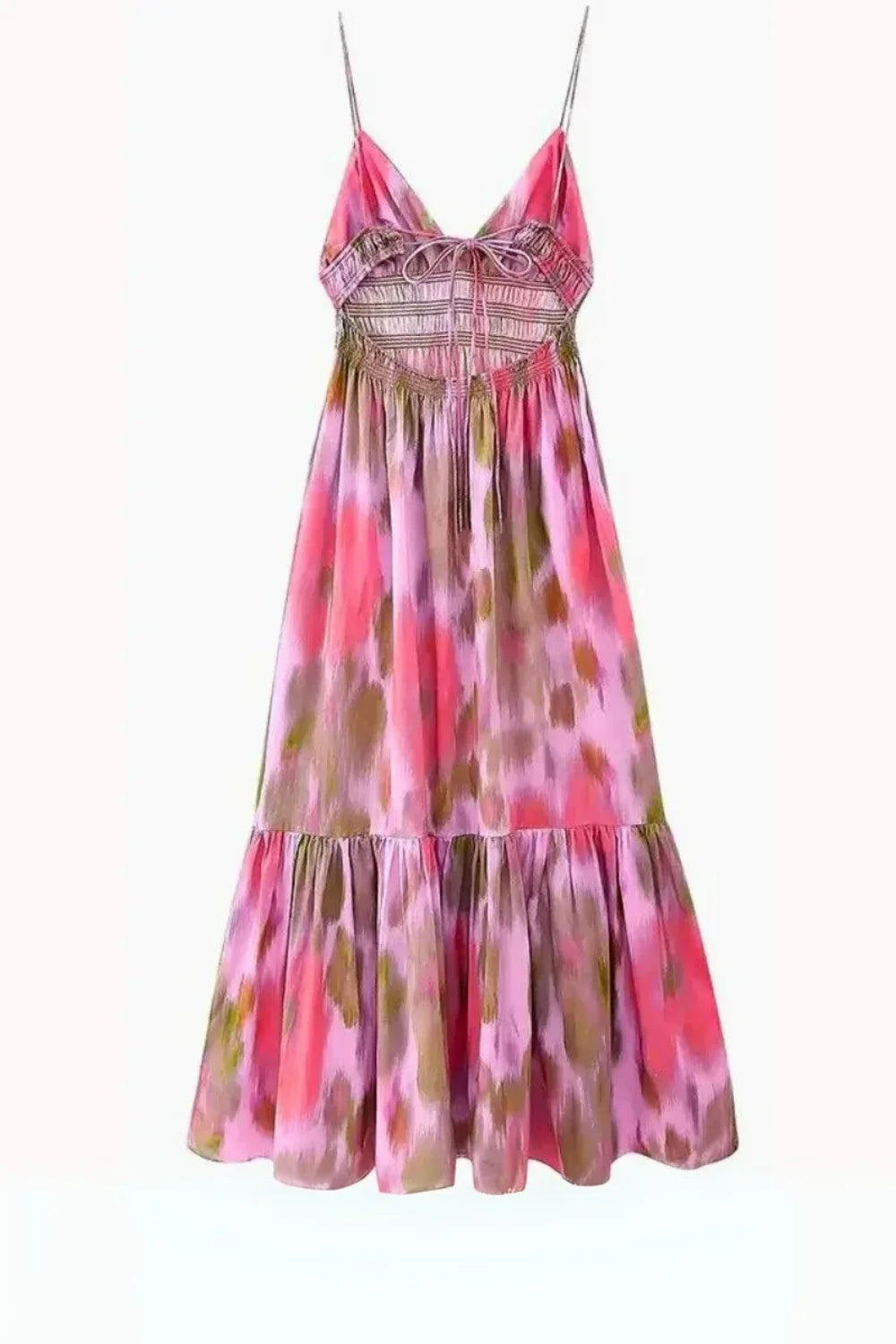 Woman wearing the Kouvr Fashion Pink Anastasia Print Maxi Dress with a smocked bodice and open tie-back